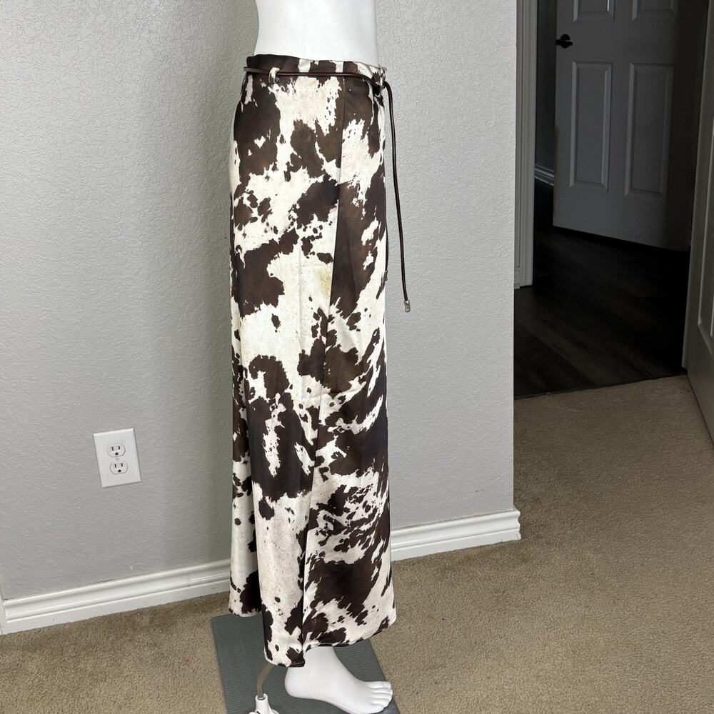 RACHEL ZOE Satin Maxi Skirt Brown Ivory Cow Print Rodeo Concert Cowgirl Size 4 - Picture 4 of 6